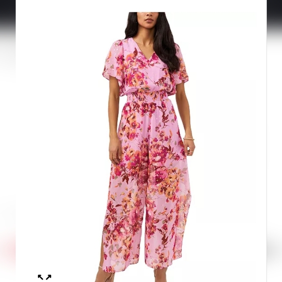 MSK V-Neck Floral-Print Chiffon Jumpsuit Wedding Guest 2X Fall Maxi Dress Romper - Picture 1 of 6
